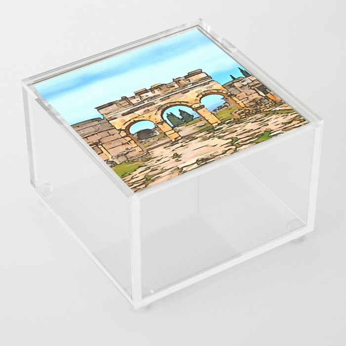 Frontinus Gate in Hierapolis, Pamukkale Black Outline Art Acrylic Box