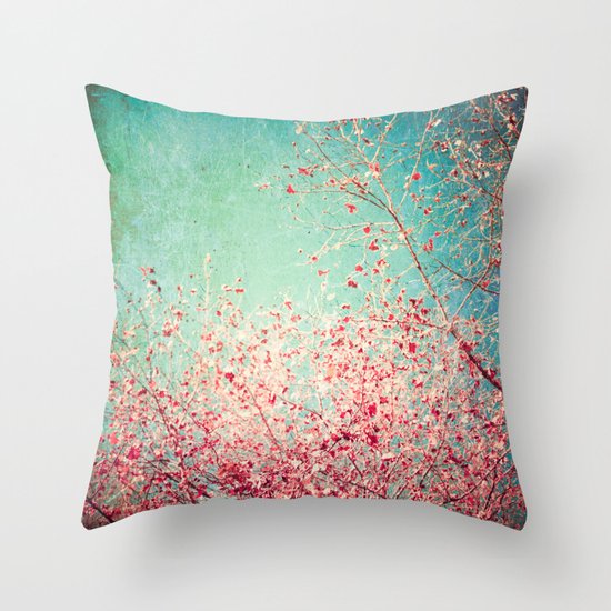 Blue Autumn, Pink leafs on blue, turquoise, green, aqua sky Throw Pillow