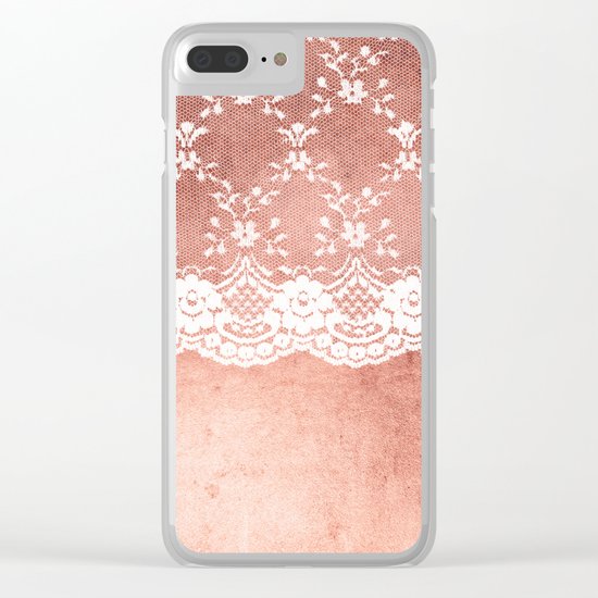 White floral luxury lace on pink rosegold grunge backround Clear iPhone Case