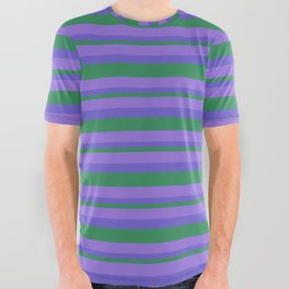 [ Thumbnail: Purple, Slate Blue, and Sea Green Colored Lined Pattern All Over Graphic Tee ]