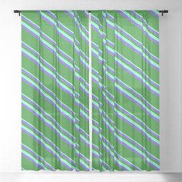 [ Thumbnail: Aquamarine, Slate Blue & Forest Green Colored Lines Pattern Sheer Curtain ]