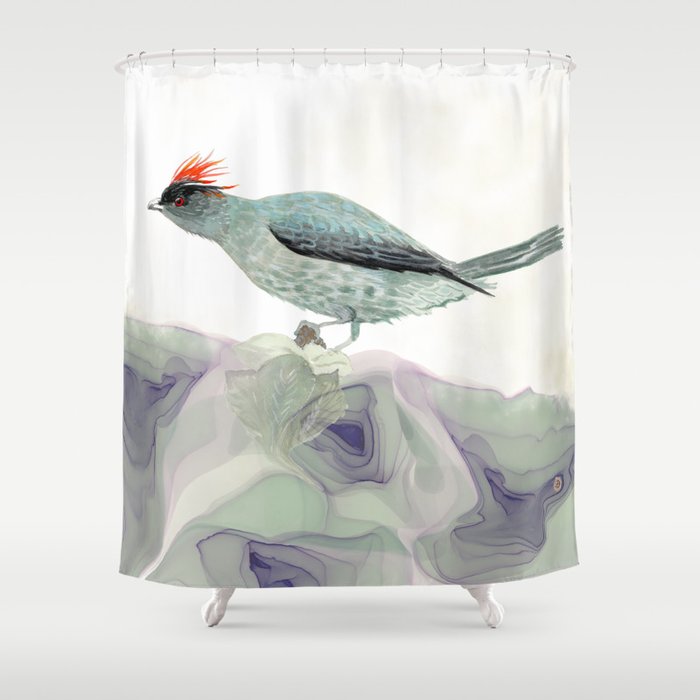 Red-Crested Cotinga Tropical Bird in Sage Green Palette Shower Curtain