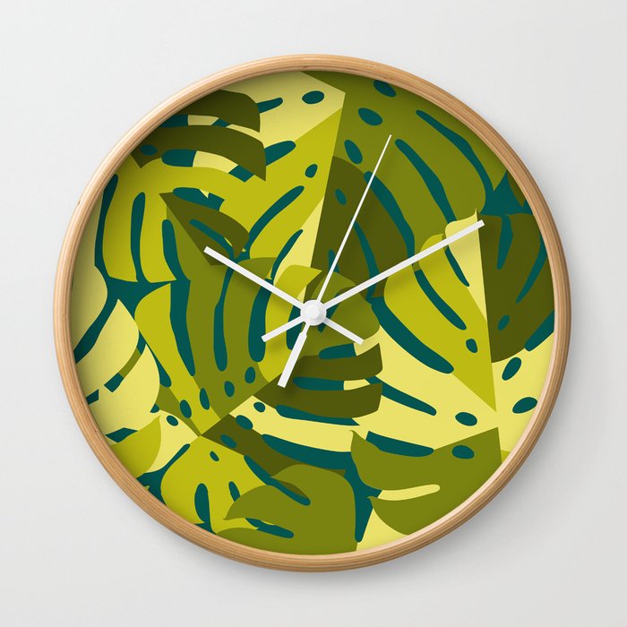 Monstera Leaves in Green Wall Clock