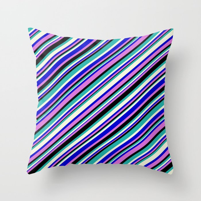 Blue, Orchid, Black, Light Sea Green & Beige Colored Pattern of Stripes Throw Pillow