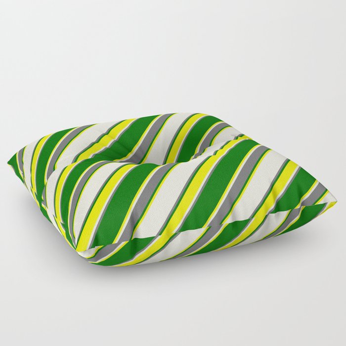 Beige, Dim Gray, Dark Green & Yellow Colored Lined Pattern Floor Pillow