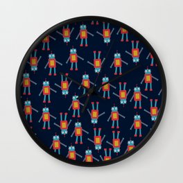 Funny Robot Pattern on Blue Background Wall Clock