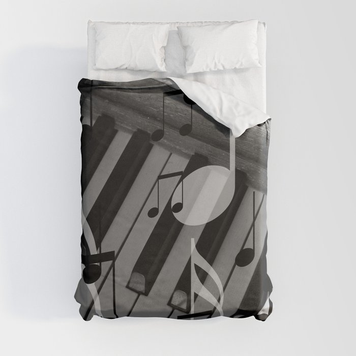 music notes white black piano keys Duvet Cover