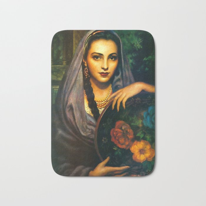 Painting of a Mexican Calendar Girl with Dark Shawl Bath Mat