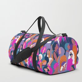 Every day we glow International Women's Day // midnight navy blue background violet purple curious blue shocking pink and orange copper humans  Duffle Bag