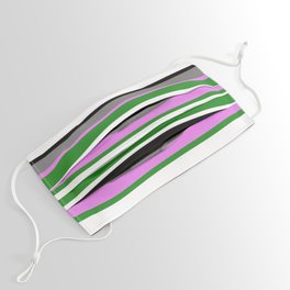 [ Thumbnail: Eye-catching Gray, Violet, Forest Green, White & Black Colored Striped/Lined Pattern Face Mask ]