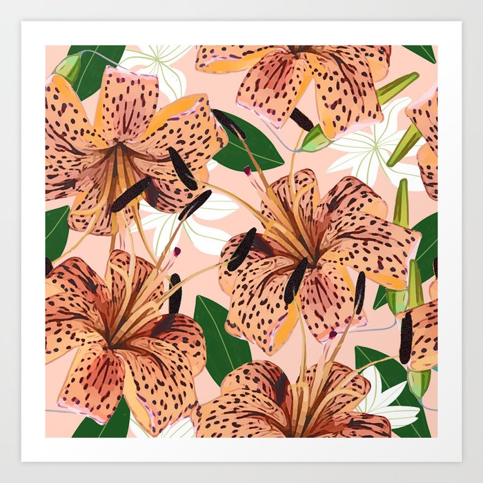 Tiger Lillies, Tropical Blush Botanical Illustration, Polka Dots Nature Vibrant Floral Jungle Art Print