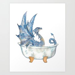Dragon taking bath painting watercolour  Art Print