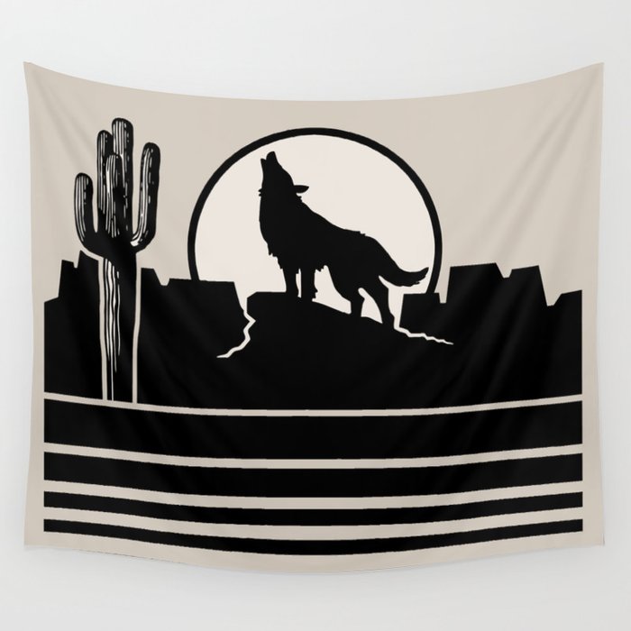 Howling at the Moon Landscape 235 Black and Linen White Wall Tapestry