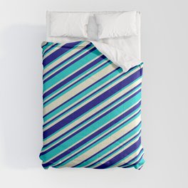 [ Thumbnail: Beige, Blue & Dark Turquoise Colored Striped/Lined Pattern Comforter ]