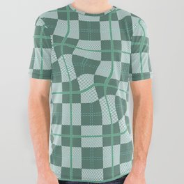 Warped Checkerboard Grid Illustration Playful Teal Green All Over Graphic Tee