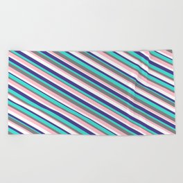 [ Thumbnail: Vibrant Gray, Pink, White, Dark Slate Blue & Turquoise Colored Striped Pattern Beach Towel ]