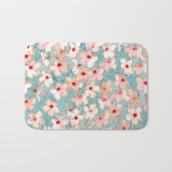 Shabby Chic Hibiscus Patchwork Pattern in Peach & Mint Bath Mat