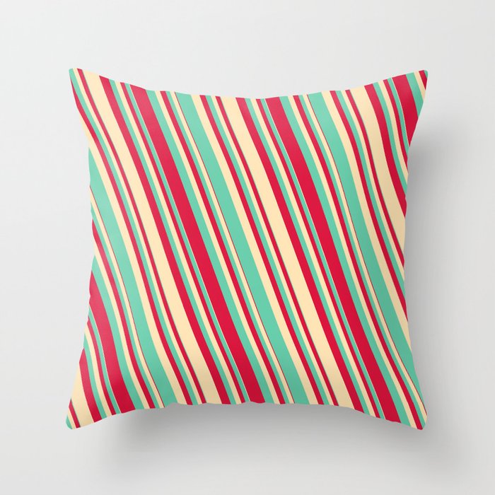 Aquamarine, Crimson, and Beige Colored Striped/Lined Pattern Throw Pillow