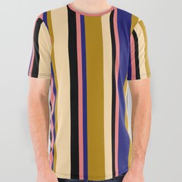 [ Thumbnail: Light Coral, Midnight Blue, Dark Goldenrod, Tan & Black Colored Lined Pattern All Over Graphic Tee ]