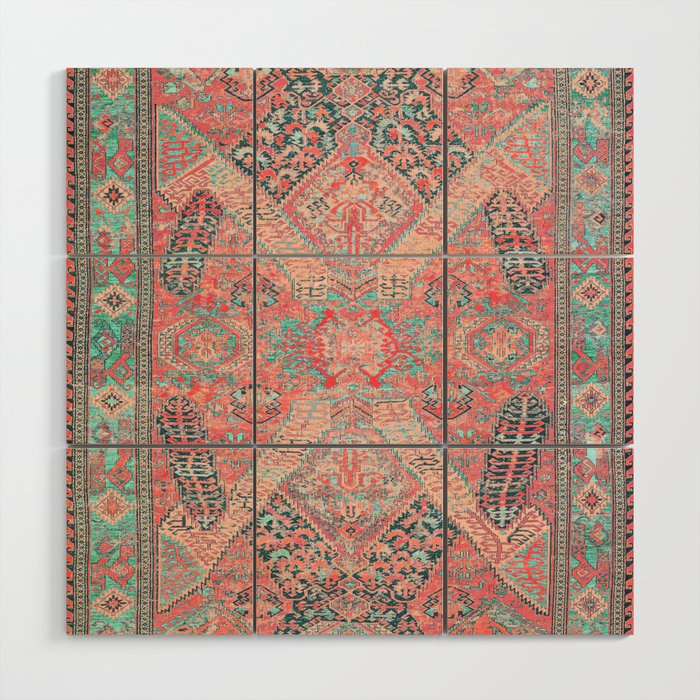 Blush Pink and Aqua Blue Antique Persian Rug Vintage Oriental Carpet Print Wood Wall Art