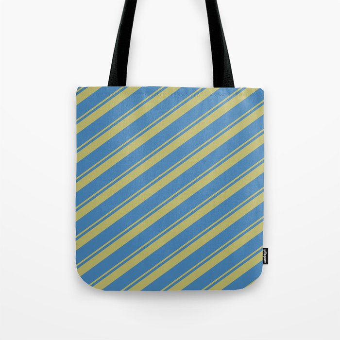 Dark Khaki and Blue Colored Stripes Pattern Tote Bag