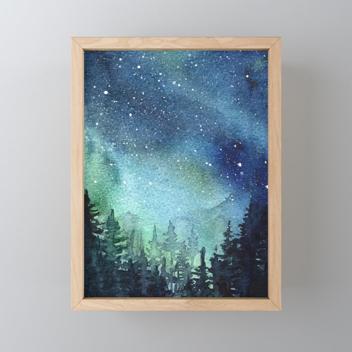 Galaxy Watercolor Aurora Borealis Painting Framed Mini Art Print