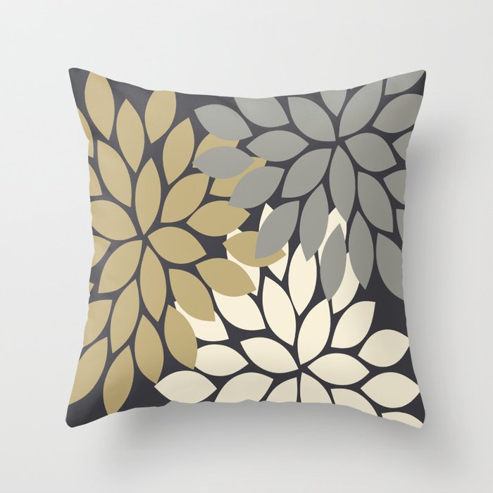 Bold Colorful Gold Ivory Charcoal Grey Dahlia Flower Burst Petals Throw Pillow