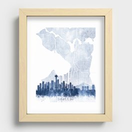 Seattle Skyline & Map Watercolor Navy Blue, Print by Zouzounio Art Recessed Framed Print