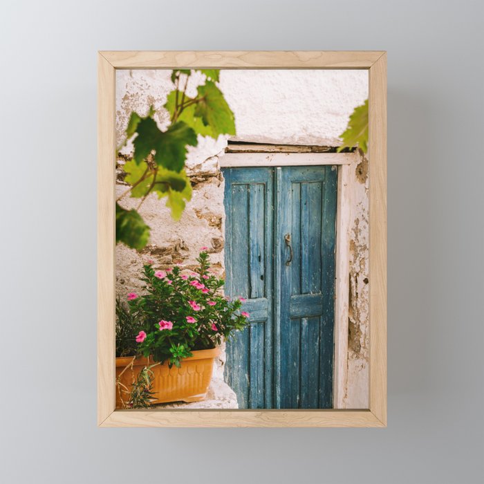 Greek Holiday Scene - Blue Door with Pink Flowers - Still Live Travel Photography, Colorful Fine Art Framed Mini Art Print