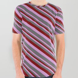 [ Thumbnail: Maroon, Plum & Dim Grey Colored Lined/Striped Pattern All Over Graphic Tee ]