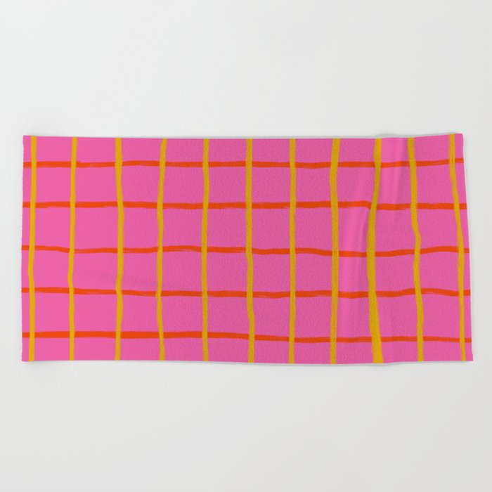 Bold Pink Retro Modern Kids-Core Checkered Plaid  Beach Towel