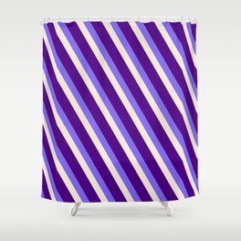 [ Thumbnail: Medium Slate Blue, Beige & Indigo Colored Lines Pattern Shower Curtain ]