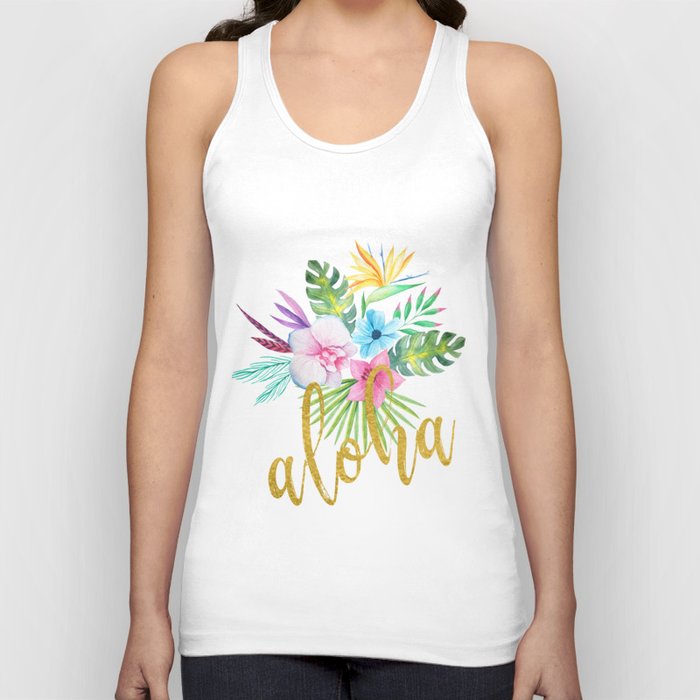 Hawaiian multicolored floral bouquet with faux gold aloha brush script Tank Top