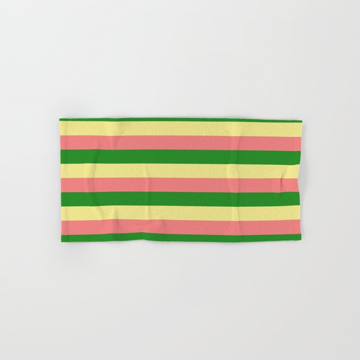 Tan, Light Coral, and Forest Green Colored Lined Pattern Hand & Bath Towel