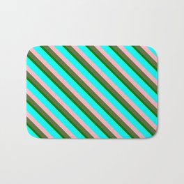 [ Thumbnail: Eye-catching Aqua, Light Pink, Dark Olive Green, Dark Green & Green Colored Stripes/Lines Pattern Bath Mat ]