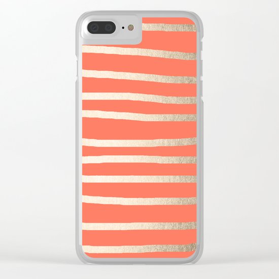 Simply Drawn Stripes in White Gold Sands on Deep Coral Clear iPhone Case
