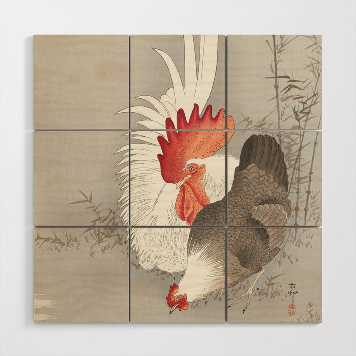 Japanese  Painting of Rooster and chicken Vintage Rooster and chicken Painting Watercolor Painting of Bird Wood Wall Art