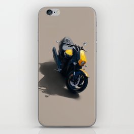  A modern, bright yellow and black motorcycle parked outside on a sunny day iPhone Skin