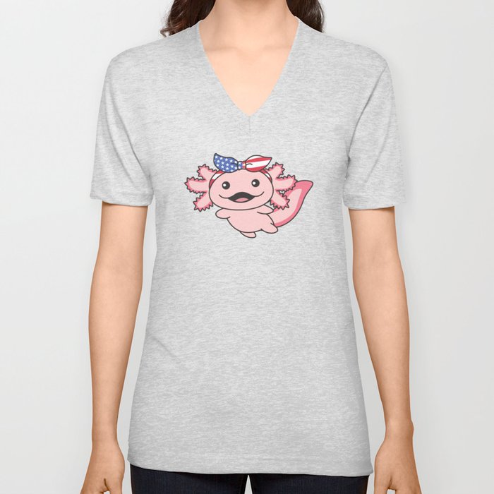 Cute Axolotl With America Flag Cute Usa Animals V Neck T Shirt