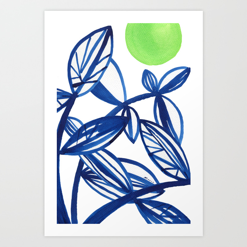 Navy Blue And Lime Green Abstract Leaves Art Print By Elenablanco