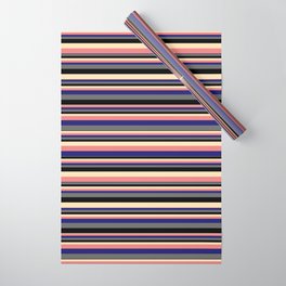 [ Thumbnail: Vibrant Beige, Light Coral, Midnight Blue, Dim Gray, and Black Colored Pattern of Stripes Wrapping Paper ]