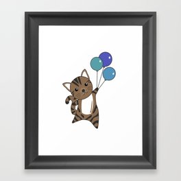 Cat Flies Up With Colorful Balloons Framed Art Print