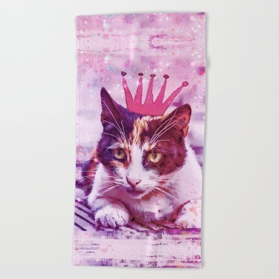 cute cat princess pink crown art Beach Towel