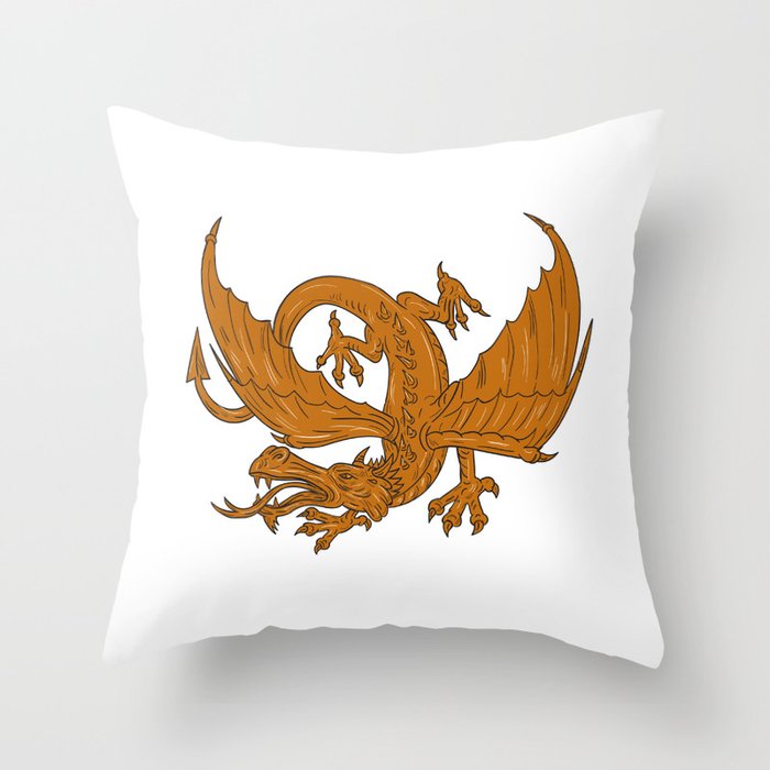 Agressive Dragon Crouching Drawing Throw Pillow