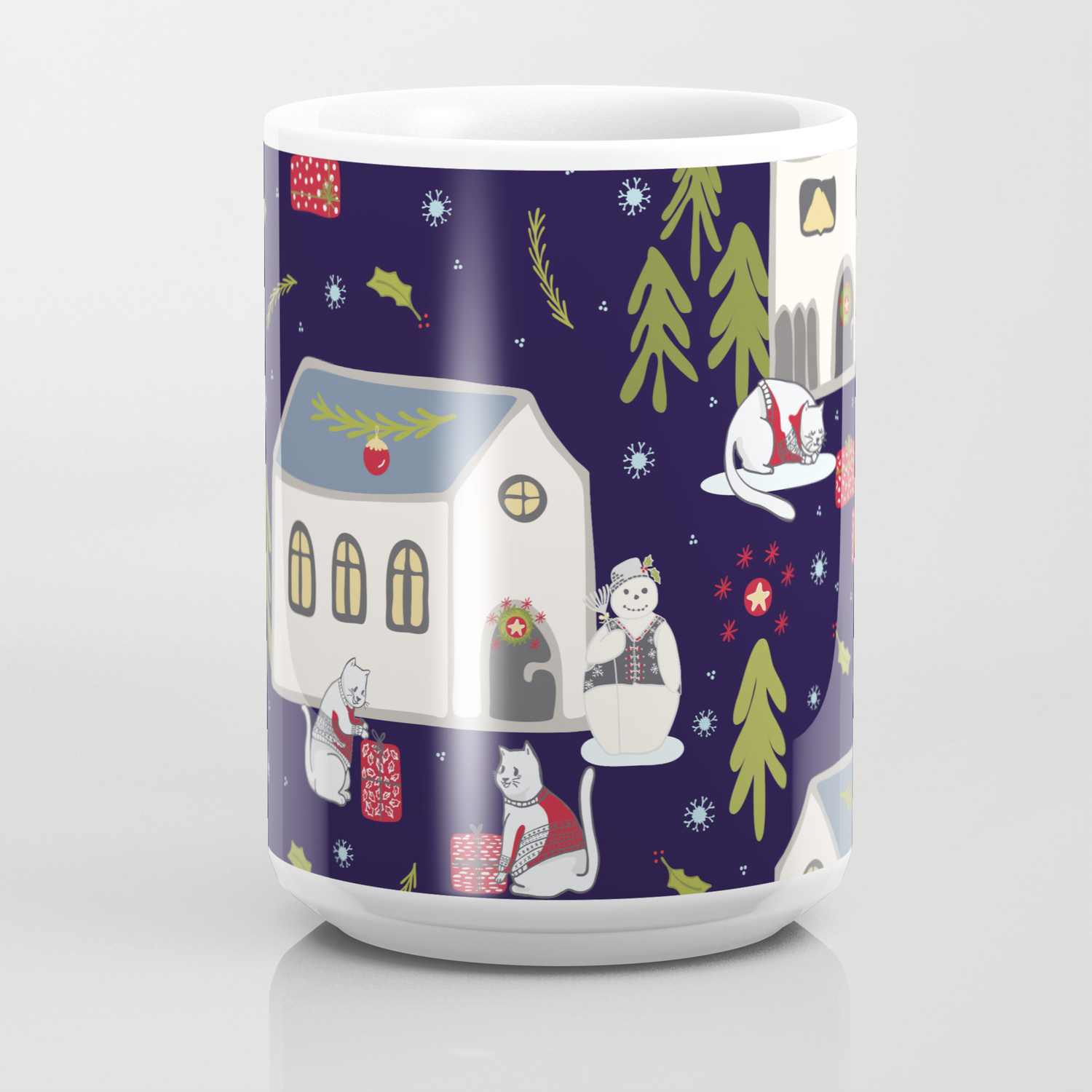 Christmas Cats Village Festive Seamless Vector Pattern Drawn Present Boxes Coffee Mug By Limolida Society6