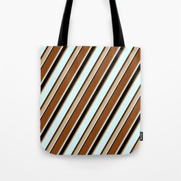[ Thumbnail: Brown, Tan, Light Cyan & Black Colored Striped/Lined Pattern Tote Bag ]