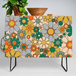 Retro Garden Gingham Flowers Vintage Aesthetic Floral Pattern Green Orange Mustard Blue Credenza