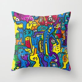 Joyful and Colorful Graffiti Creatures Felt Pen on Paper Throw Pillow