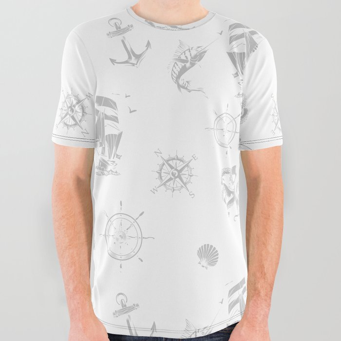 Light Grey Silhouettes Of Vintage Nautical Pattern All Over Graphic Tee