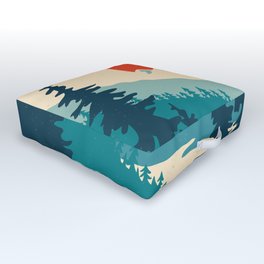 Vintage mountain landscape with sun, mountains and forest. Vintage illustration.  Outdoor Floor Cushion